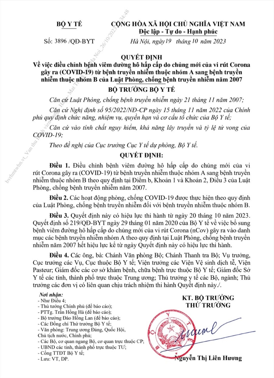 QUYẾT ĐỊNH ĐIỀU CHỈNH BỆNH VIÊM ĐƯỜNG HÔ HẤP CẤP DO CHỦNG MỚI CỦA VI RÚT CORONA (COVID-19) TỪ BỆNH TRUYỀN NHIỄM THUỘC NHÓM A SANG BỆNH TRUYỀN NHIỄM NHÓM B